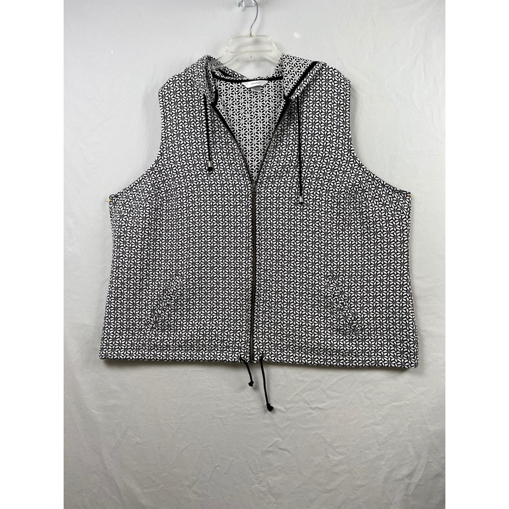 CJ Banks Hooded Vest Women 3X Black White Geometric Floral Zip Front Drawstring
